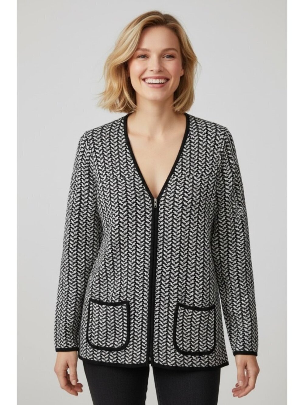 Misook Black White Chevron Knit Jacket Petite Zip Front Cardigan XSP